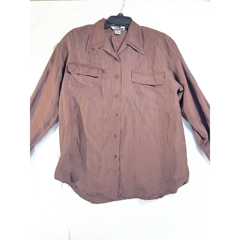 Marina West Brown 100% Silk Button Down Shirt Embroidered Detail Medium